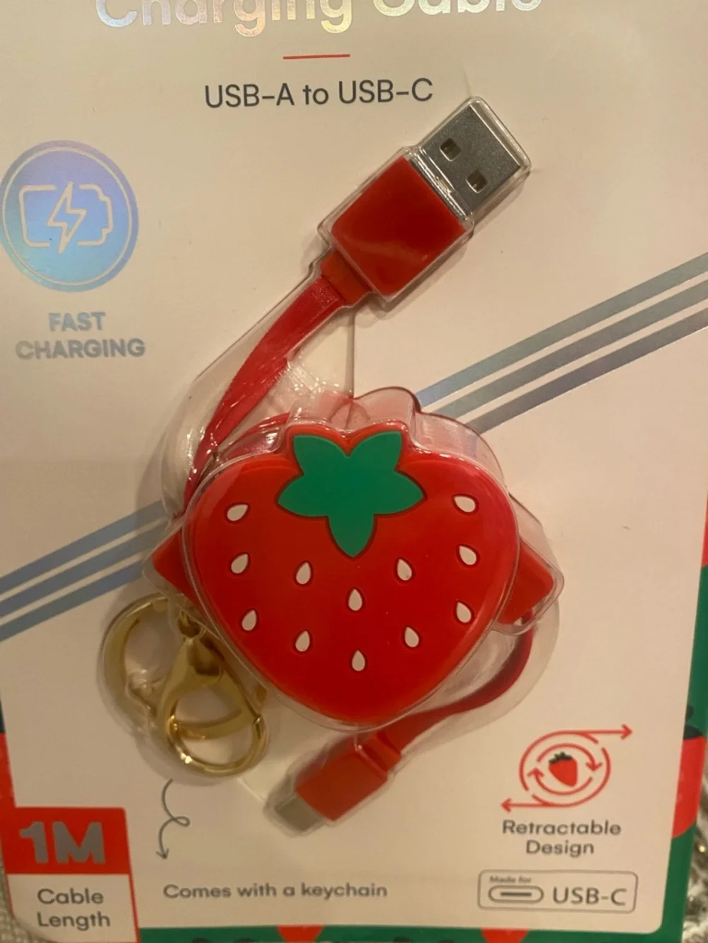 Strawberry Retractable Charging Cable USB-A to USB-C Fast Charger Cute Keychain